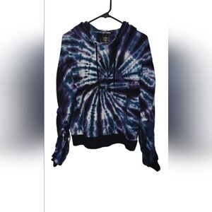​🔮 Hot Topic Tie-Dye Spiral Ruched Sleeve Cropped Hoodie - Purple/Blue/Black -